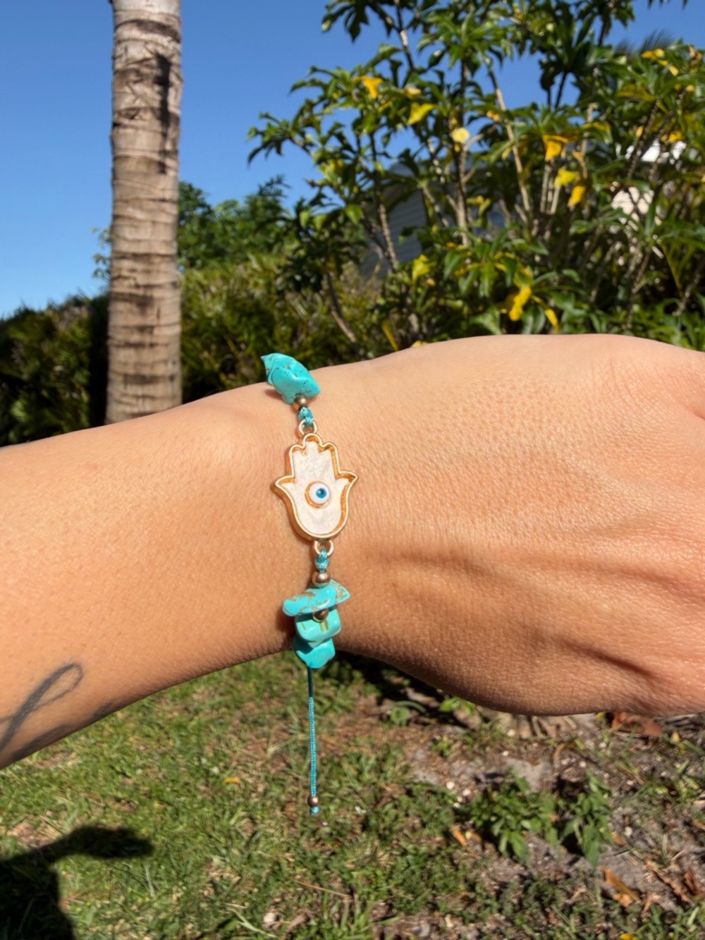 Turquoise and Mother of Pearl Hamsa Hand Bracelet with Evil Eye